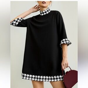 Chic Hi Neck Black Mini Dress With Houndstooth Accents Size Small NEW